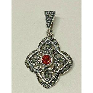 925 Sterling Silver Marcasite Pendant • Ruby‑Red Diamond‑Shaped Fine Jewelry
